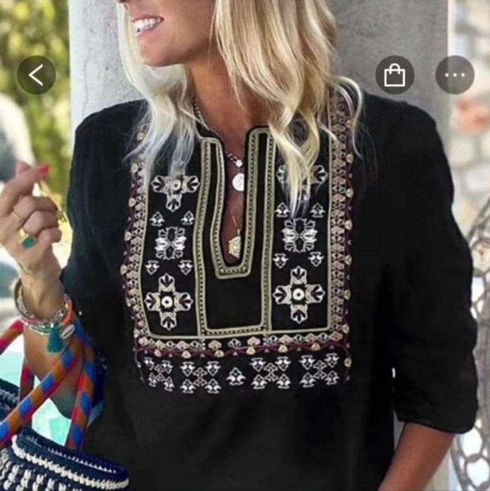 New! Black 3/4" embroidered  pattern blouse Small,  Medium  & Large